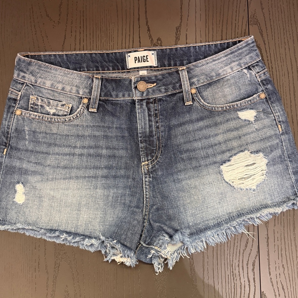PAIGE Women's Distressed Daryn Short Medium Blue Denim Shorts. Size 29.